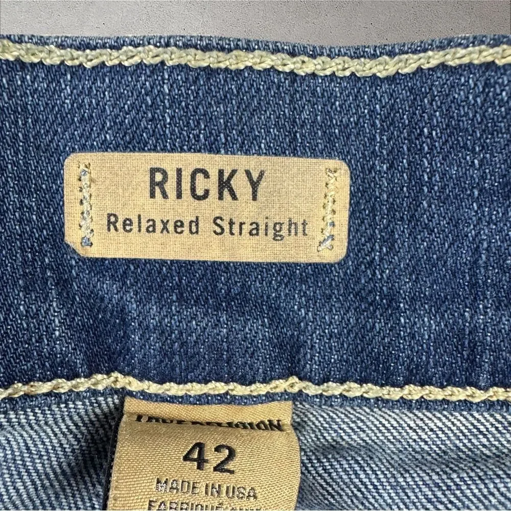 True Religion Jeans 42x32 Blue Ricky Relaxed Straight Dark Denim Flap Pocket Vtg